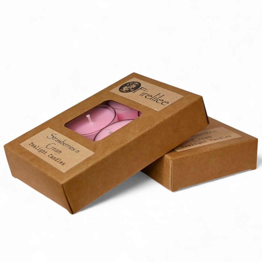 Six tea light pink candles in a box with Strawberries n Cream fragrance