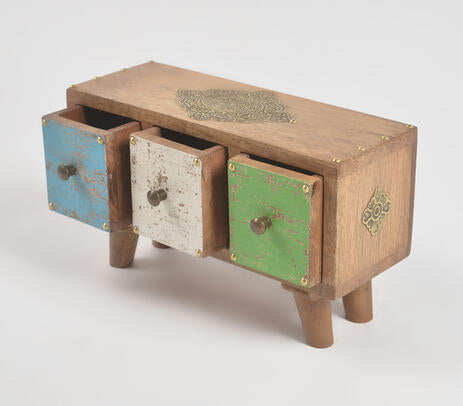 Hand cut distressed wood mini chest of 3 drawers