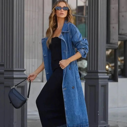 Double Breasted Belted Long Denim Trench Coat