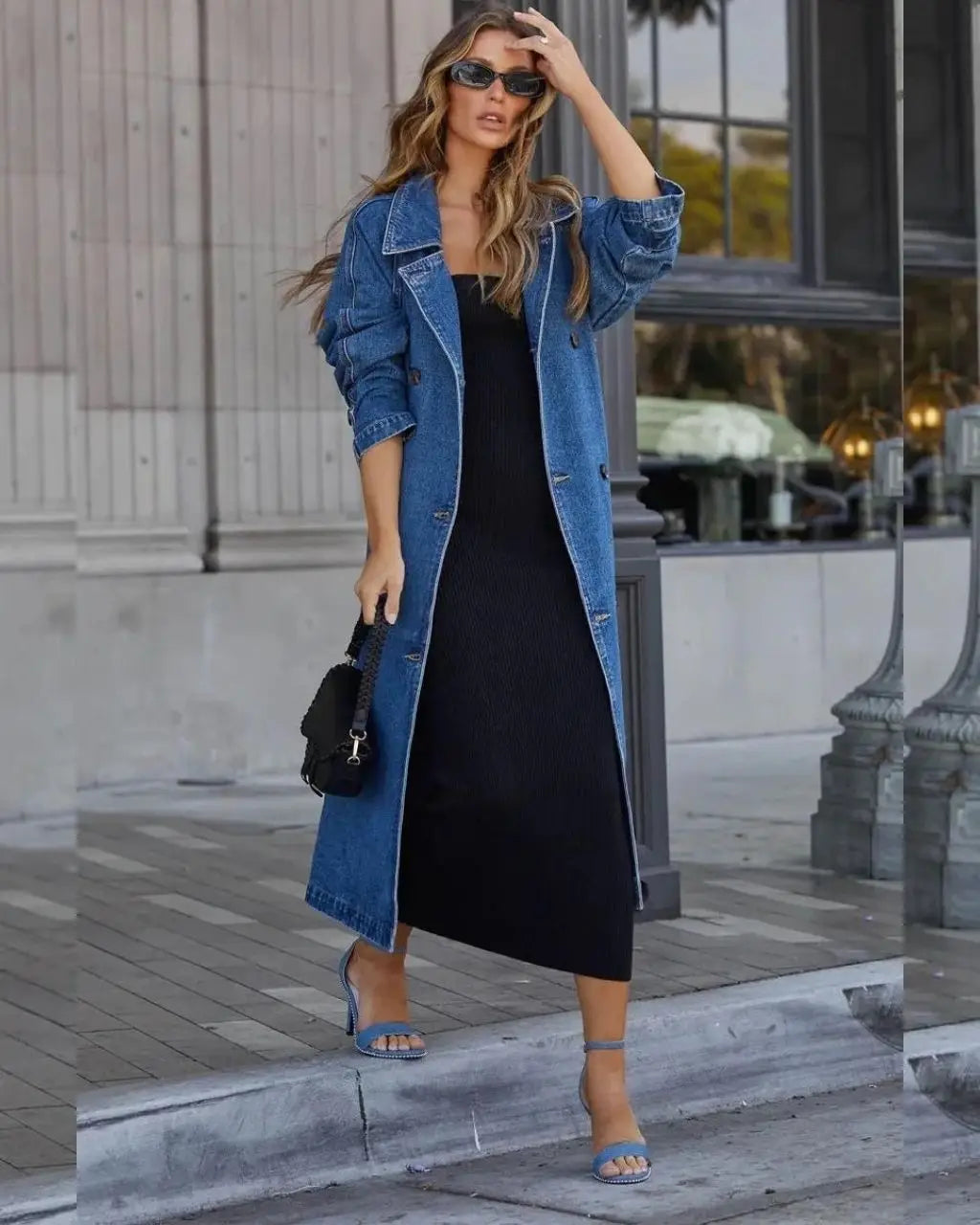 Double Breasted Belted Long Denim Trench Coat