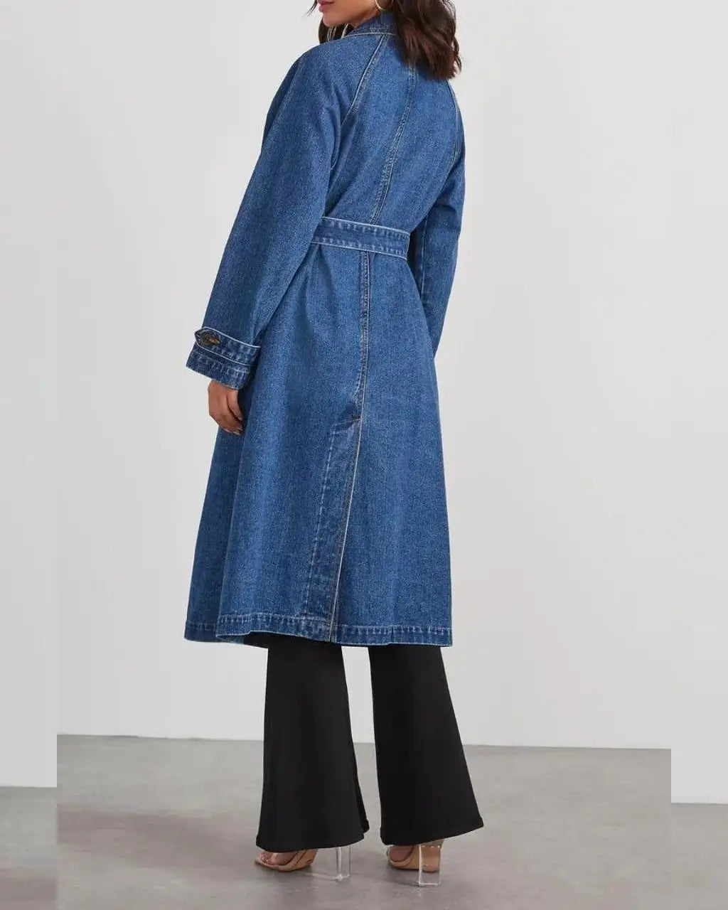 Double Breasted Belted Long Denim Trench Coat