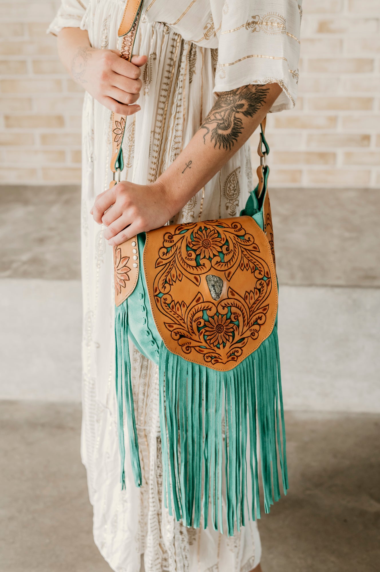 Sunflower Turquoise Suede Saddle Bag