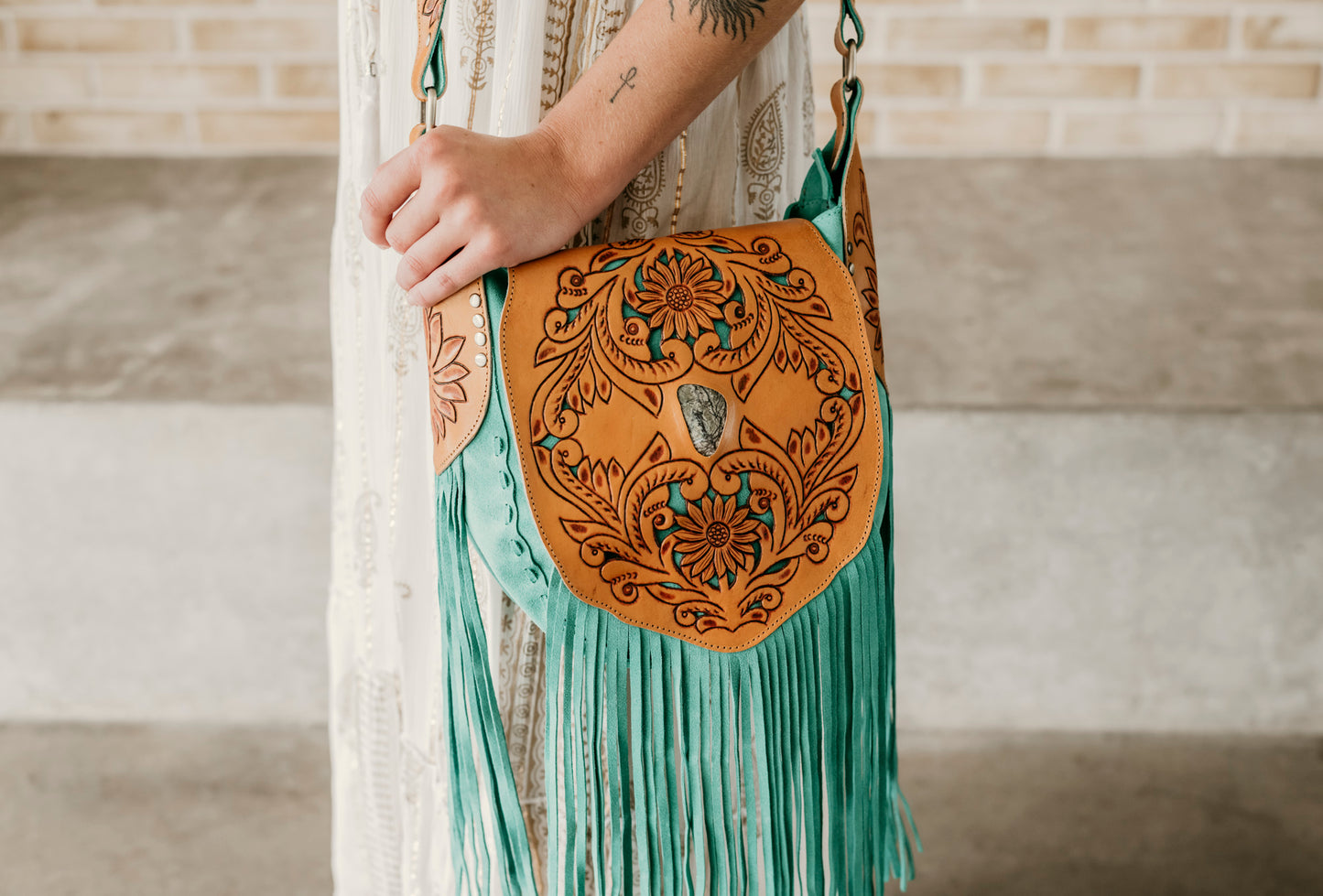 Sunflower Turquoise Suede Saddle Bag