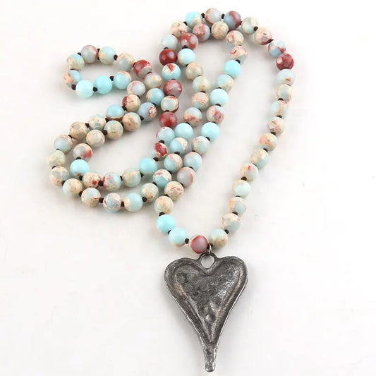 Multicolour stone heart pendant necklace - light blue & red