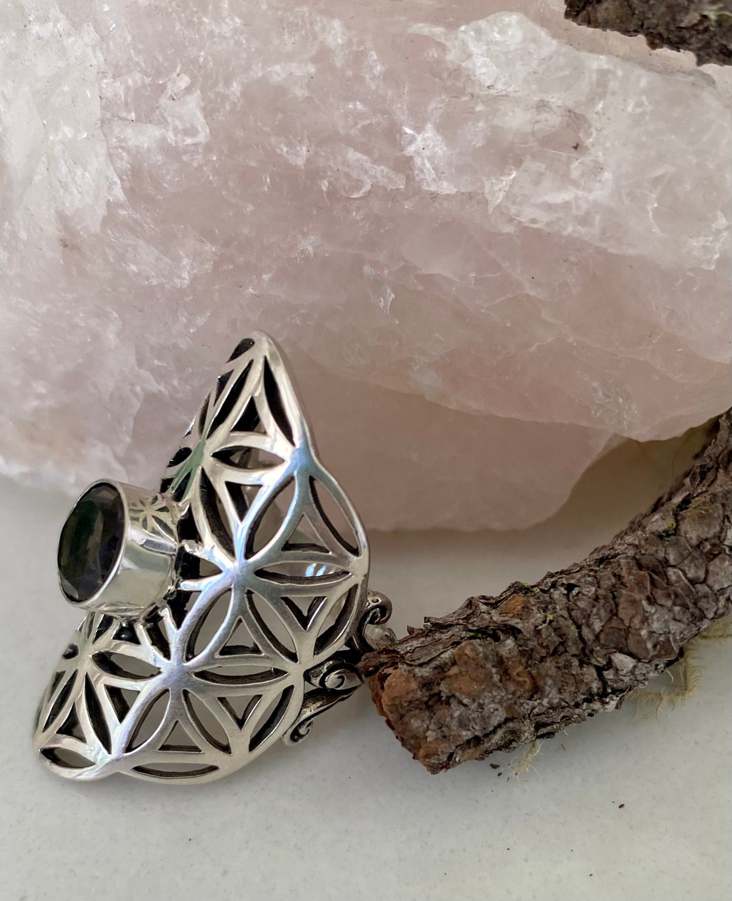 Sterling Silver Geometric Smoky Quartz Stone Ring