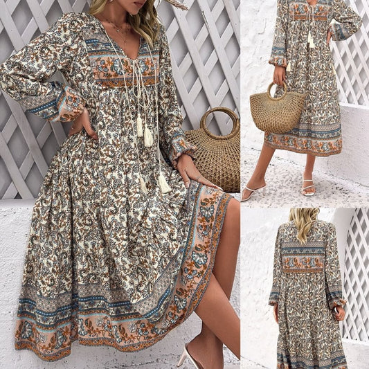 V-Neck Floral Print Long Sleeves Midi Dress