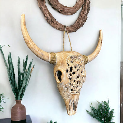 Hand carved wooden bulls head - White