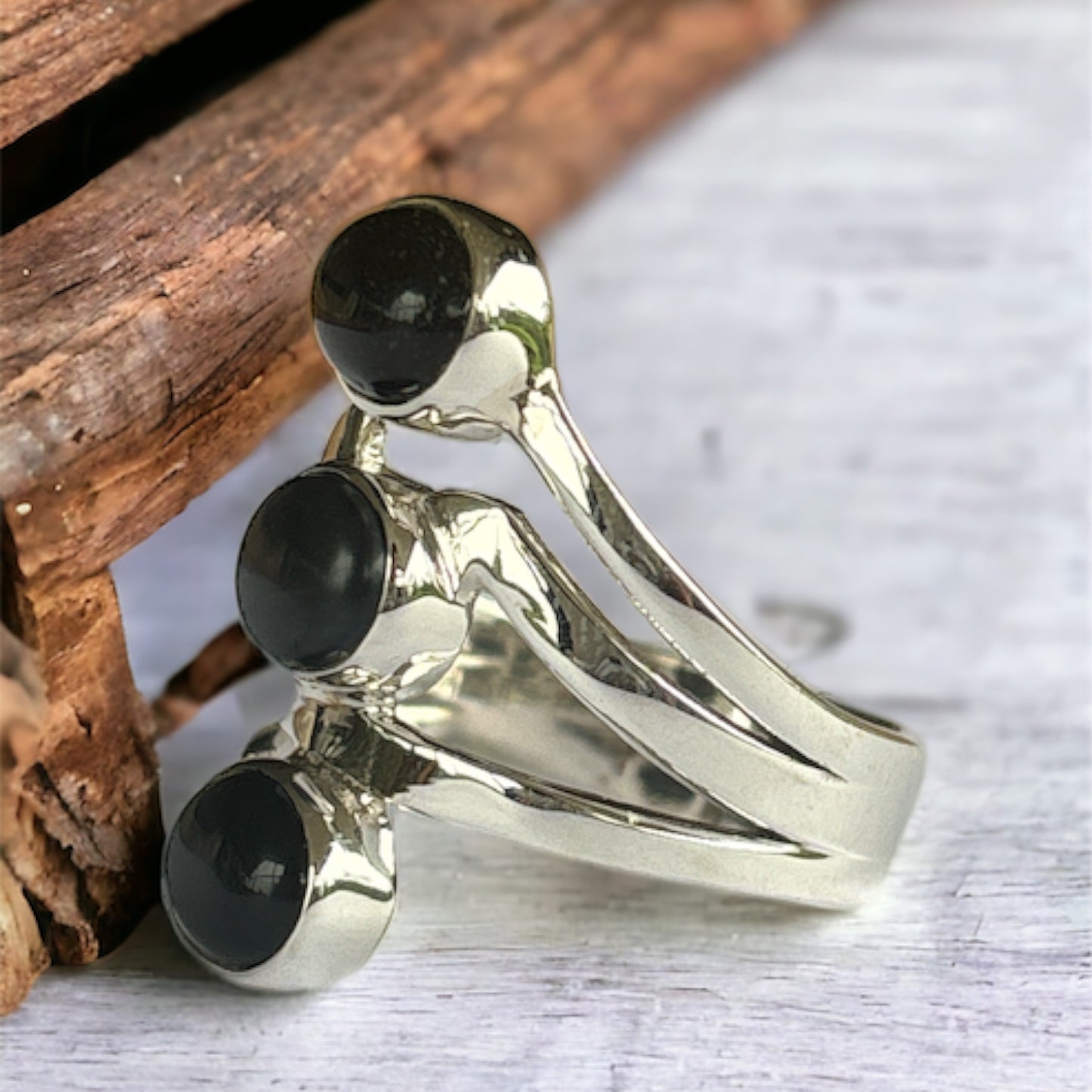 Black Onyx three stone Sterling Silver Ring