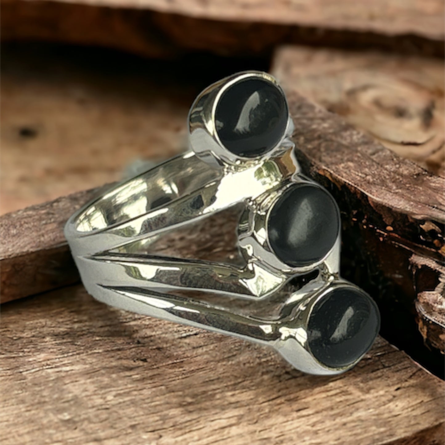 Black Onyx three stone Sterling Silver Ring