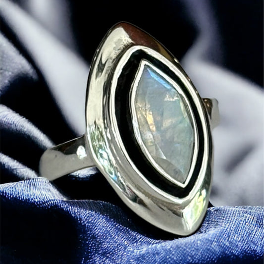 Rainbow Moonstone Marquise Edge Sterling Silver Ring