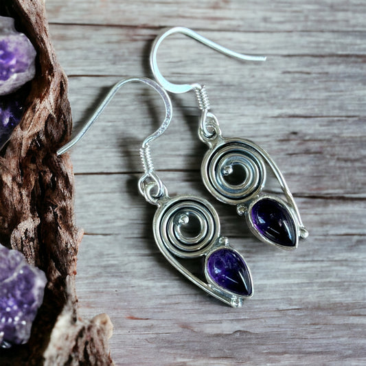 Amethyst spiral teardrop earrings