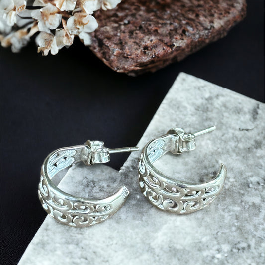 Bohemian carved hoop sterling silver earrings