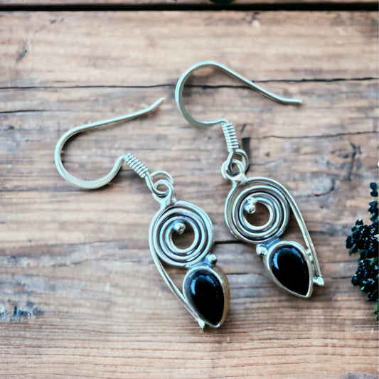 Black onyx spiral teardrop earrings