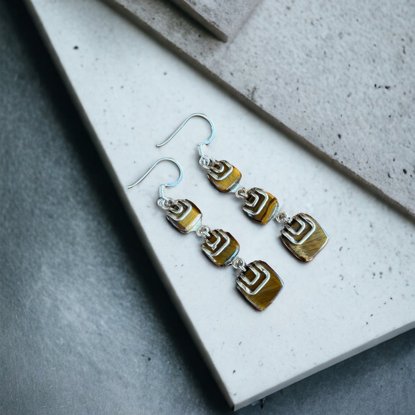 Tigers eye three square earrings