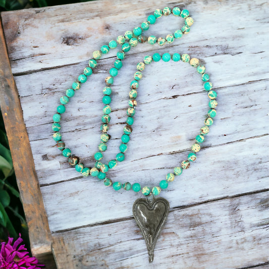 Multicolour stone heart pendant necklace - Turquoise