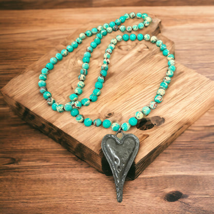 Multicolour stone heart pendant necklace - Turquoise