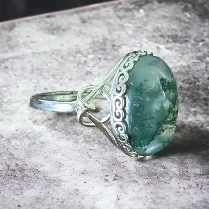 Moss Agate adjustable sterling silver ring