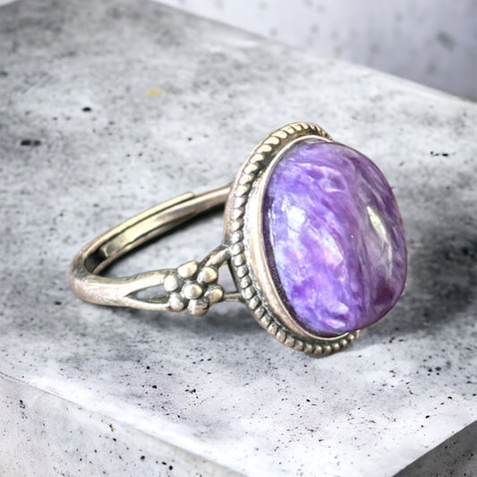 Charoite adjustable sterling silver ring