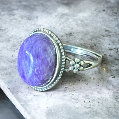 Charoite adjustable sterling silver ring