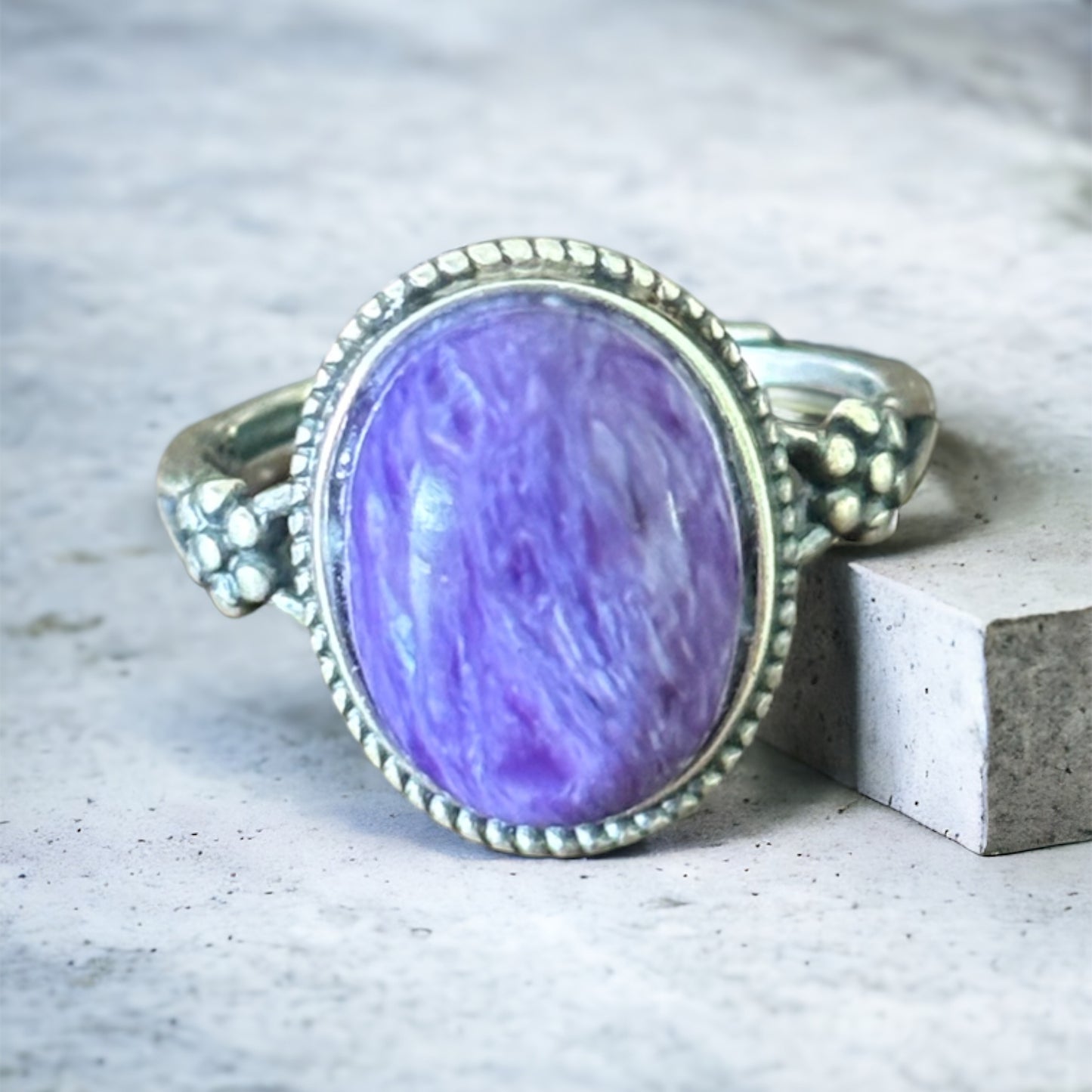 Charoite adjustable sterling silver ring