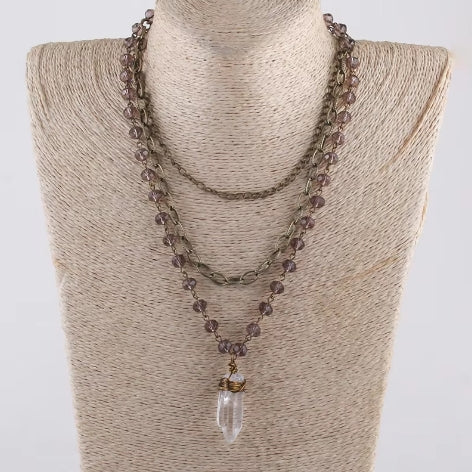 Crystal rosary link chain multilayer necklace - brown