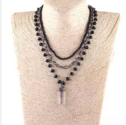 Crystal rosary link chain multilayer necklace - black