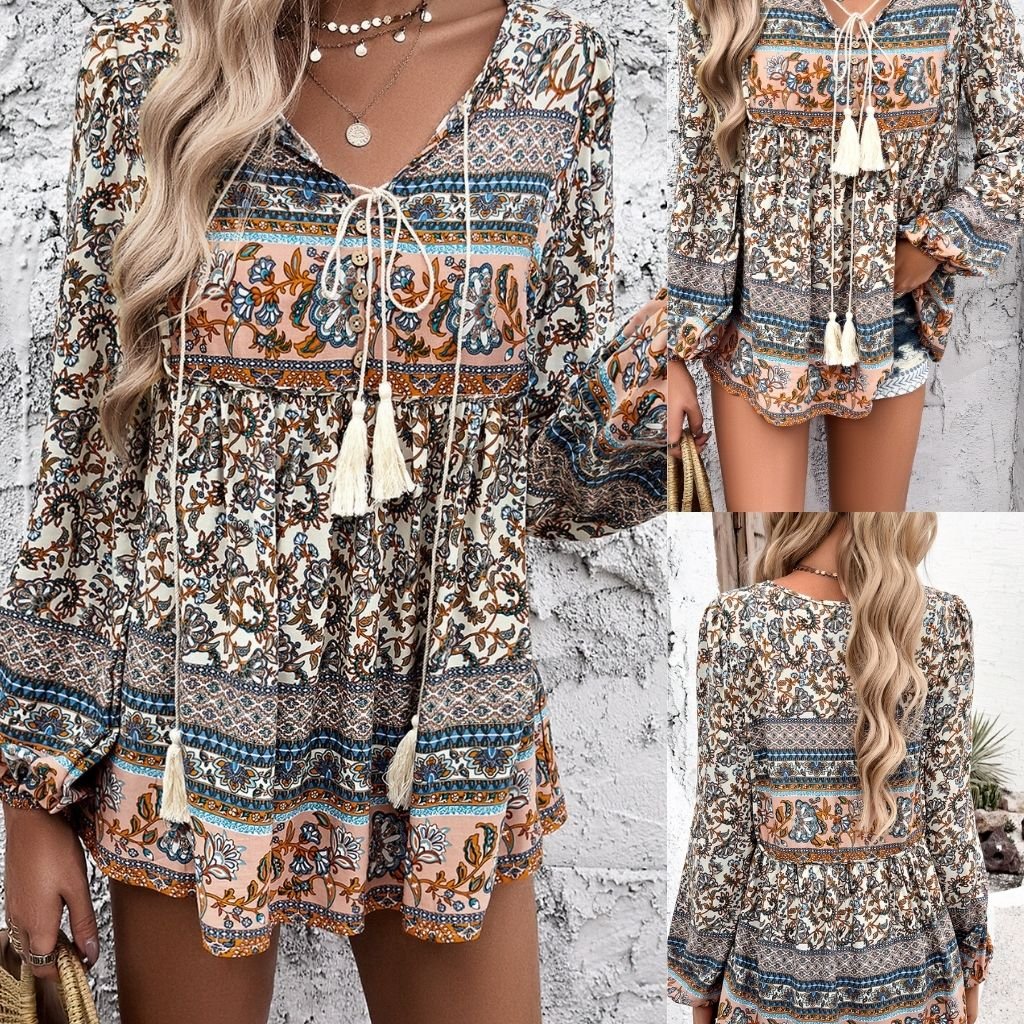 Floral Print Tassel Neck Long Sleeve Top - Beige