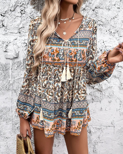 Floral Print Tassel Neck Long Sleeve Top - Beige