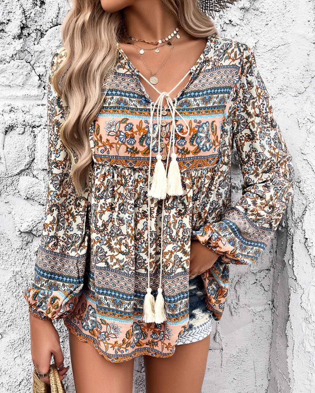 Floral Print Tassel Neck Long Sleeve Top - Beige