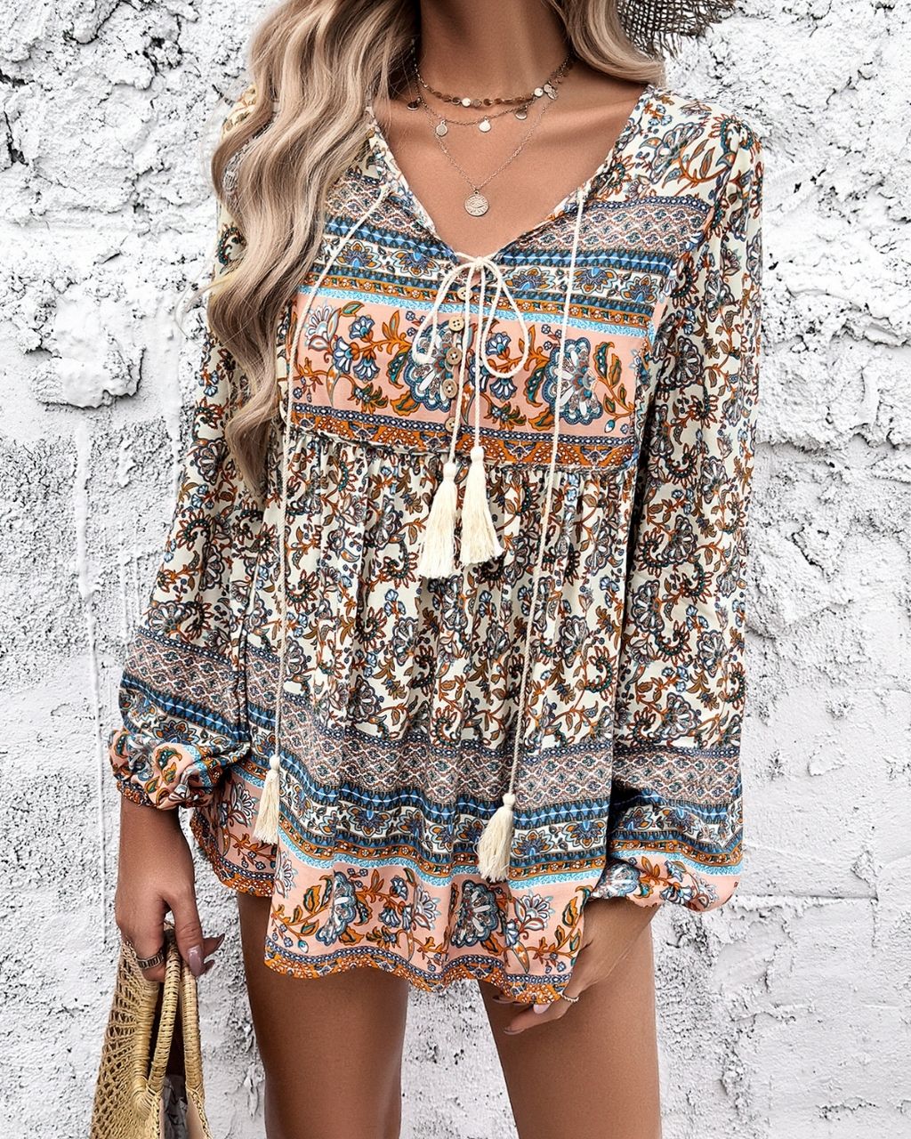 Floral Print Tassel Neck Long Sleeve Top - Beige