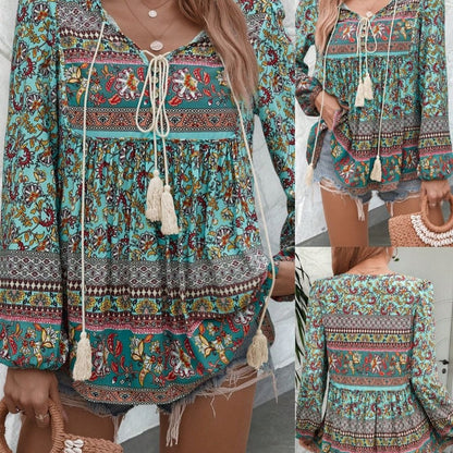 Floral Print Tassel Neck Long Sleeve Top - Beige