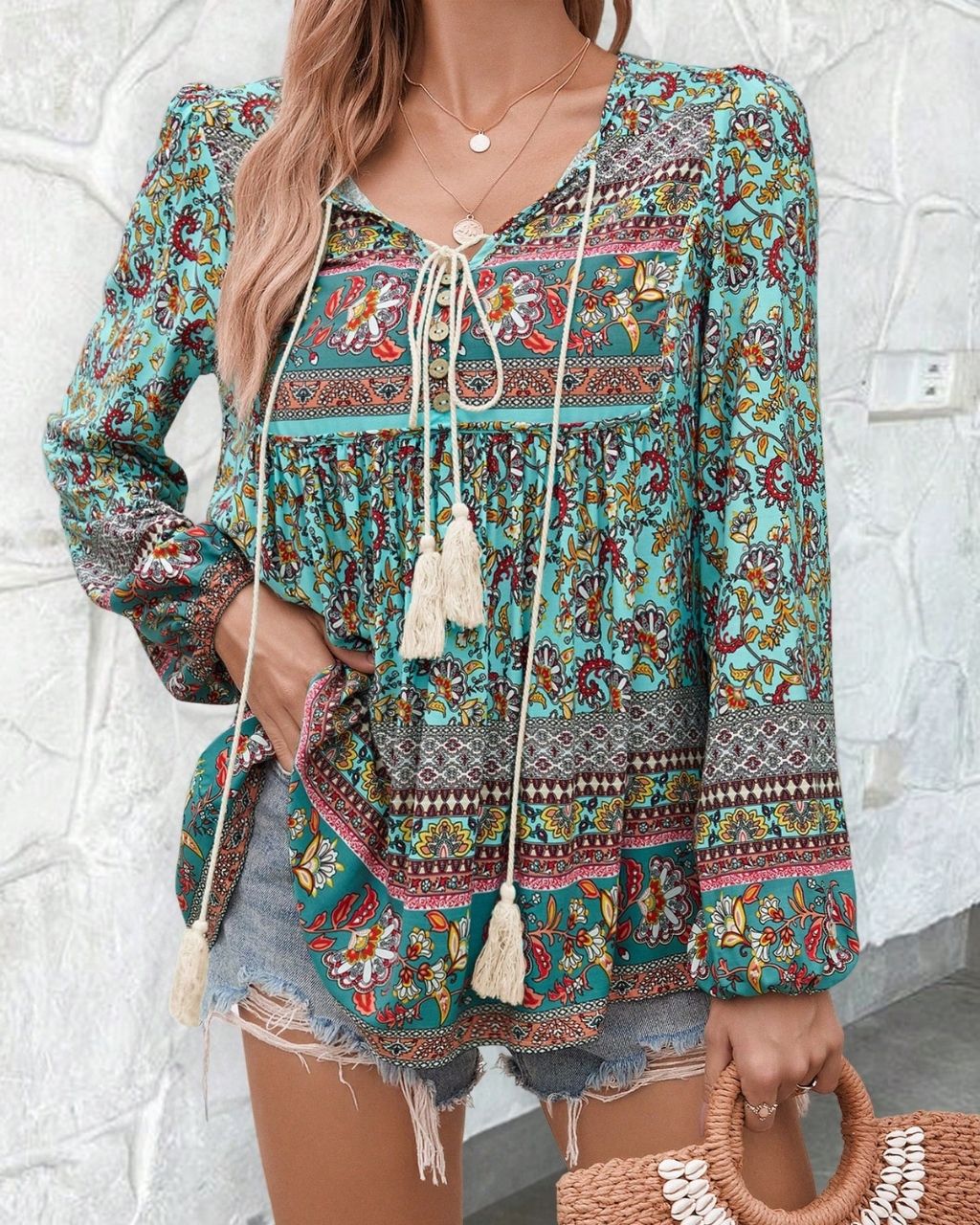 Floral Print Tassel Neck Long Sleeve Top - Beige