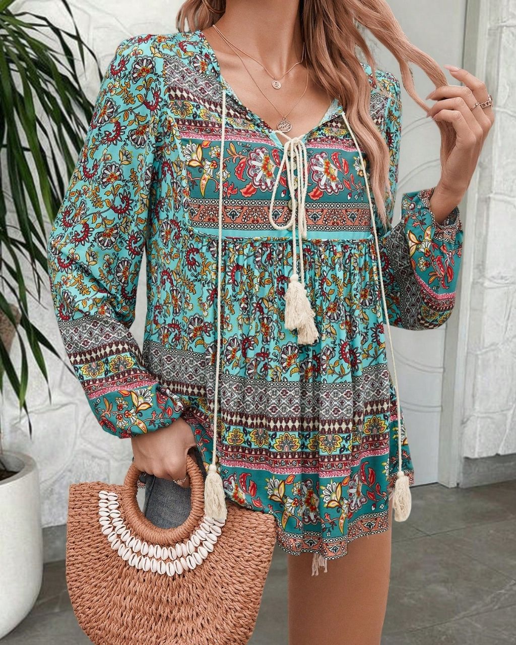 Floral Print Tassel Neck Long Sleeve Top - Beige