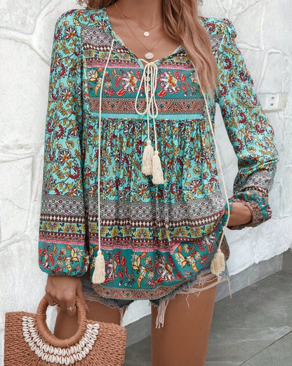 Floral Print Tassel Neck Long Sleeve Top - Beige