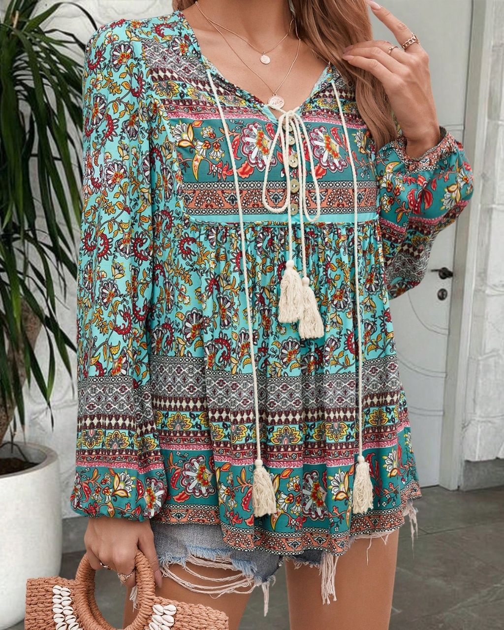 Floral Print Tassel Neck Long Sleeve Top - Beige