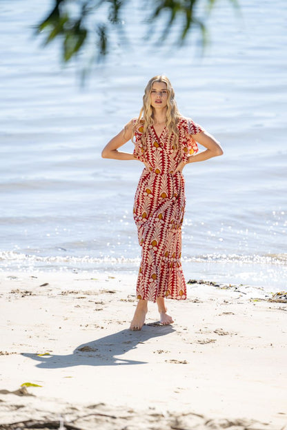 Coral Cotton Wrap Maxi Dress