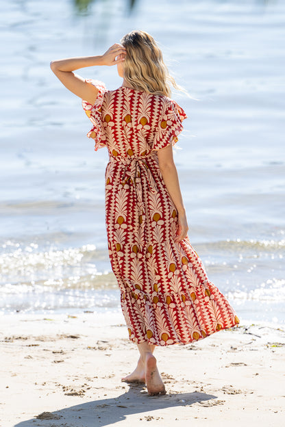 Coral Cotton Wrap Maxi Dress