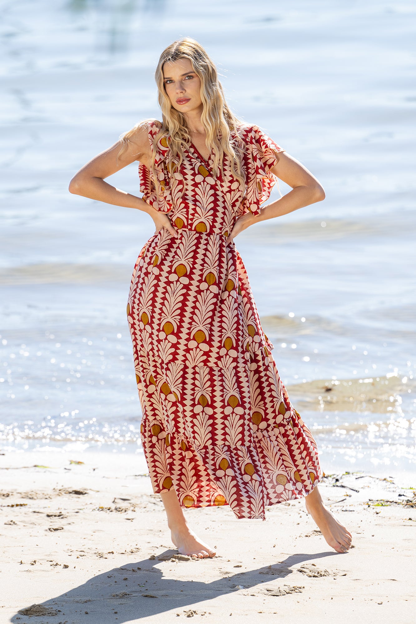 Coral Cotton Wrap Maxi Dress